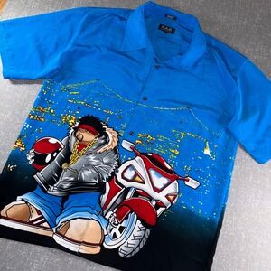 K.A.D. Clothing Co Mens XL Blue Graphic Button Up Shirt Y2K Motorcycle Cityscape